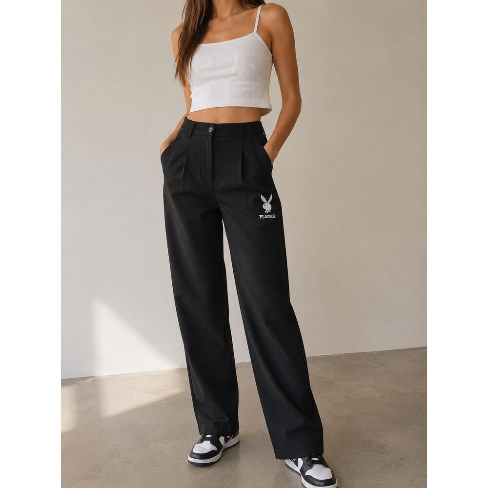 Playboy x PacSun Women's S Black Trousers w/ Embroidered Bunny Logo Pleated